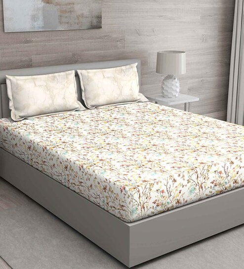 Brown Floral 144 TC Cotton King Sized Bed Sheets with 2 Pillow Covers by GM Fabrics