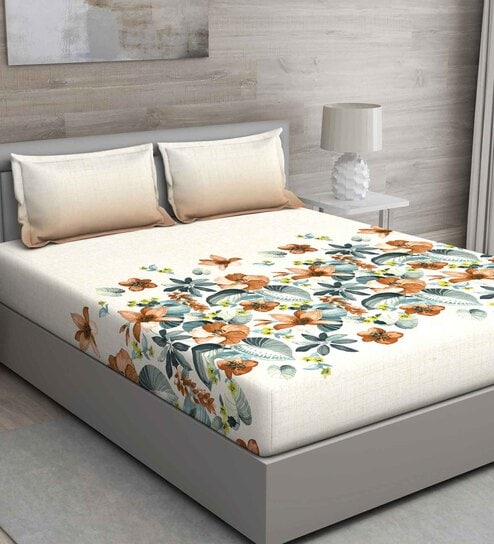 Brown Floral 144 TC Cotton Queen Sized Bed Sheets with 2 Pillow Covers by GM Fabrics