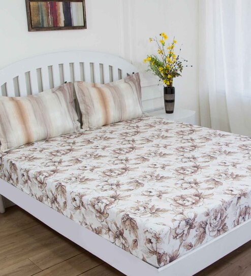 Brown Floral 144 TC Cotton Queen Sized Bed Sheets with 2 Pillow Covers by GM Fabrics