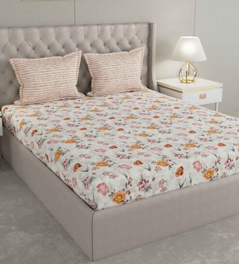 Brown Floral 144 TC Cotton Queen Sized Bed Sheets with 2 Pillow Covers by GM Fabrics