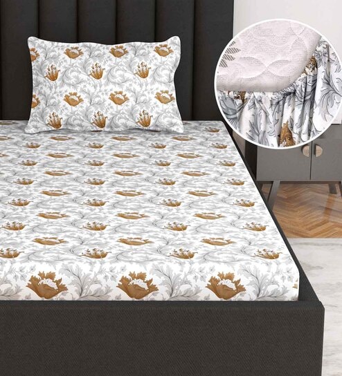 White Floral 144 TC Cotton Single Fitted Bedsheet With 1 Pillow Cover