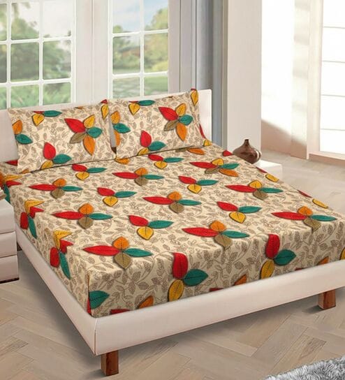 Brown Floral 144 TC Glace Cotton Queen Sized Double Bedsheet with 2 Pillow Covers