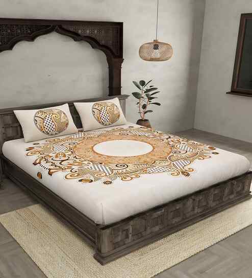 Brown Floral 180 TC Cotton  King Sized Bedsheet with 2 Pillow Covers