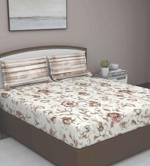 Brown Floral 180 TC Cotton Queen Sized Bed Sheets with 2 Pillow Covers by GM Fabrics