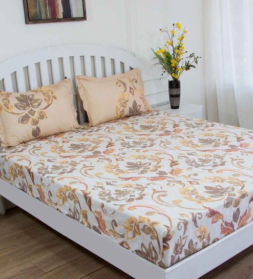 Brown Floral 180 TC Cotton Queen Sized Bed Sheets with 2 Pillow Covers by GM Fabrics