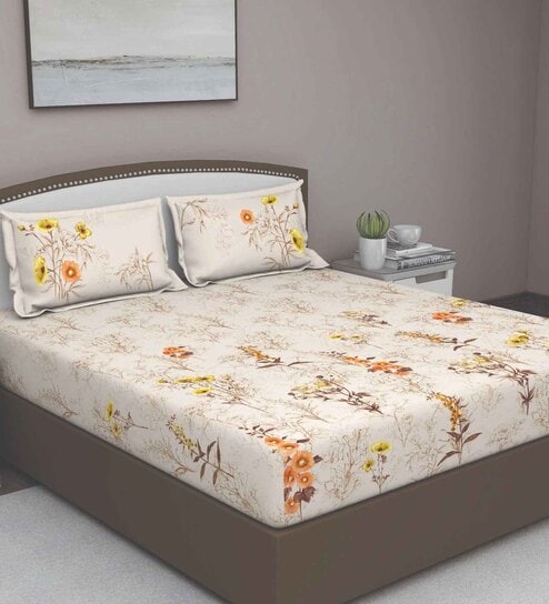 Brown Floral 180 TC Cotton Queen Sized Bed Sheets with 2 Pillow Covers by GM Fabrics