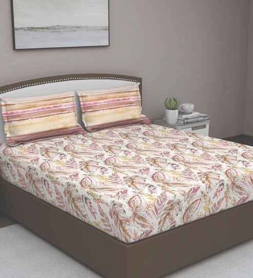 Brown Floral 180 TC Cotton Queen Sized Bed Sheets with 2 Pillow Covers by GM Fabrics
