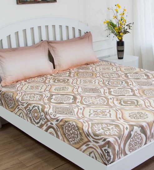 Brown Floral 180 TC Cotton Queen Sized Bed Sheets with 2 Pillow Covers by GM Fabrics