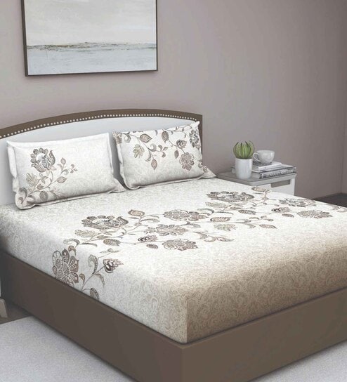 Brown Floral 180 TC Cotton Queen Sized Bed Sheets with 2 Pillow Covers by GM Fabrics