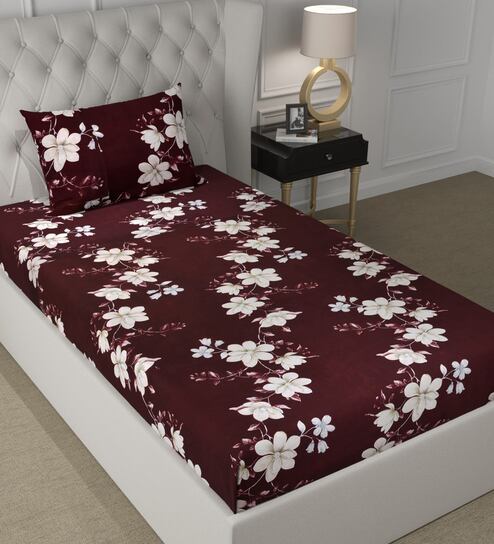 Brown Floral 180 TC Microfiber Single Bedsheet With 1 Pillow Cover by CG Homes