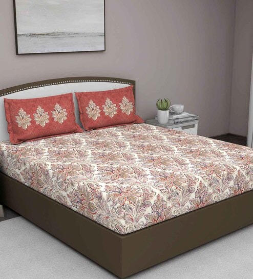 Brown Floral 210 TC Cotton King Sized Bed Sheets with 2 Pillow Covers by GM Fabrics