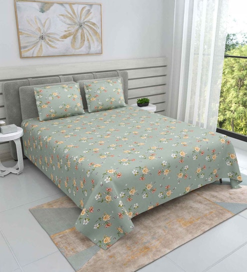 Green Floral 220 Tc Cotton Super King Bedsheet With 2 Pillow Covers