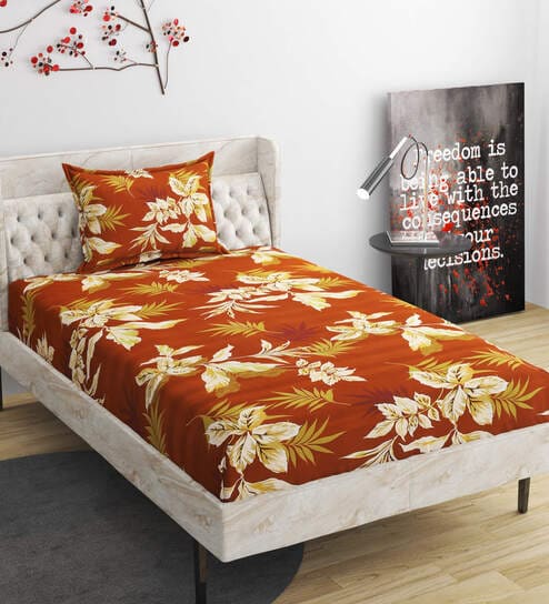 Brown Floral 280 TC Microfibre Fitted Single Bedsheet 1 Pillow Cover