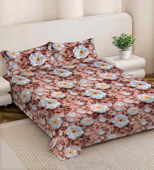 Brown Floral 300 TC Cotton Blend 7D King Size Double Bedsheet with 2 Pillow Covers