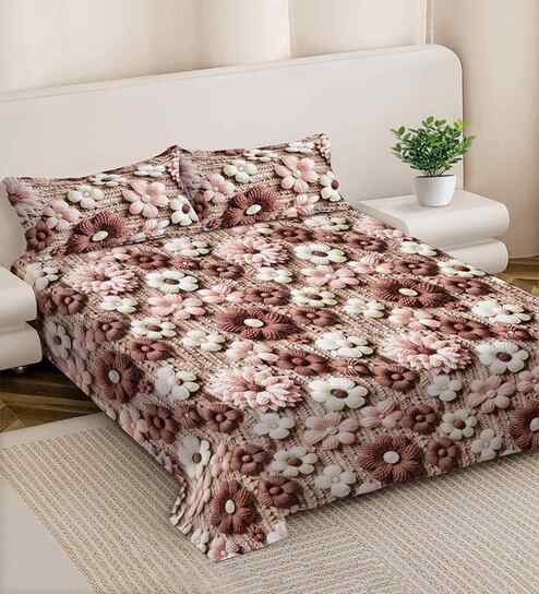 Brown Floral 300 TC Cotton Blend 7D King Size Double Bedsheet with 2 Pillow Covers