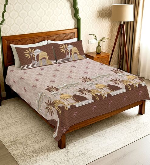 Brown Floral 300 TC Cotton King Sized Fitted Bedsheet with 2 Pillow Covers