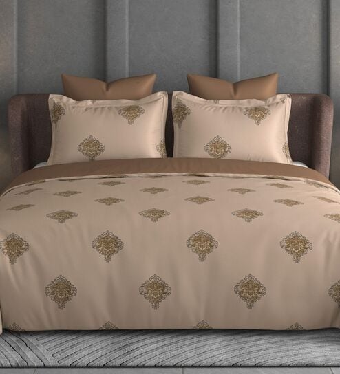 Brown Floral 600TC Cotton Super King Sized Double Bedsheet with 2 Embroidery Pillow Covers
