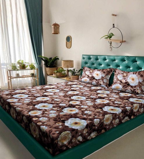 Brown Floral 7D King Size Cotton Blend Double Bedsheet with 2 Pillow Covers