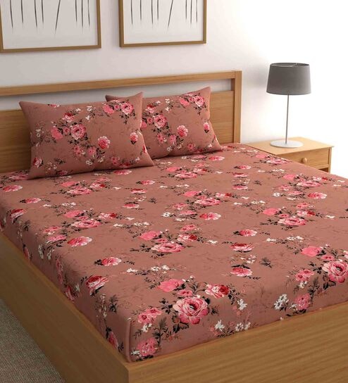 Pink Floral Bohemya 160 TC Microfiber Queen Sized Bedsheet with 2 Pillow Covers