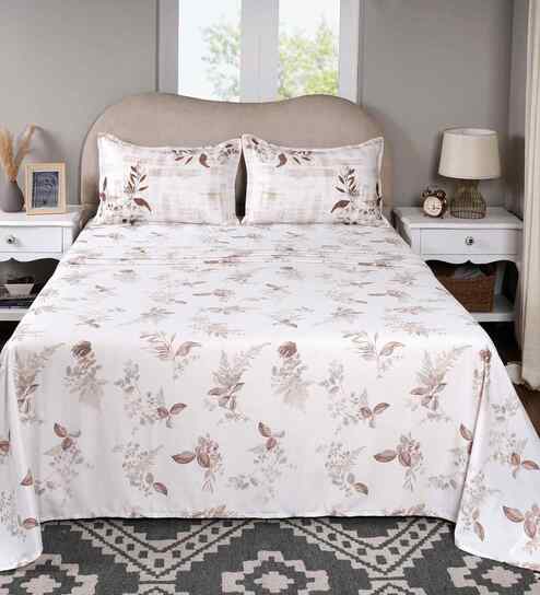Brown Floral Print 300 TC Cotton Double Bed Sheet with 2 Pillow Covers Sensory Bloom Collection