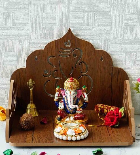 Brown Ganesha Design Laminated Wood Pooja Shelf By eCraftIndia