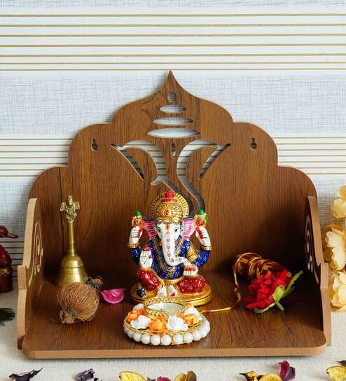 Brown Ganesha Design Laminated Wood Pooja Shelf By eCraftIndia