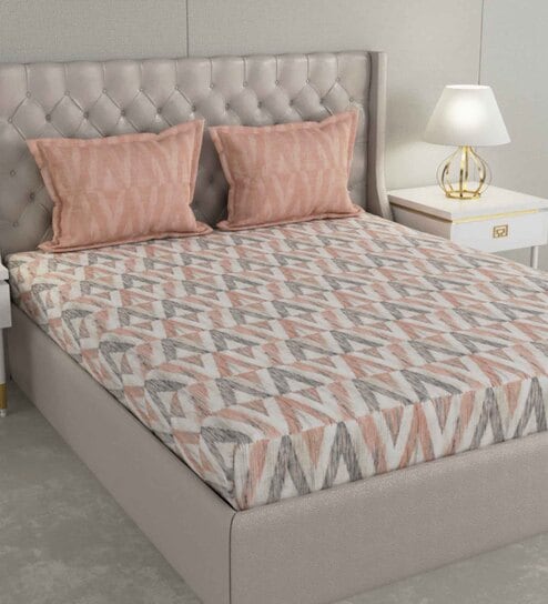 Brown Geometric 144 TC Cotton Queen Sized Bed Sheets with 2 Pillow Covers by GM Fabrics