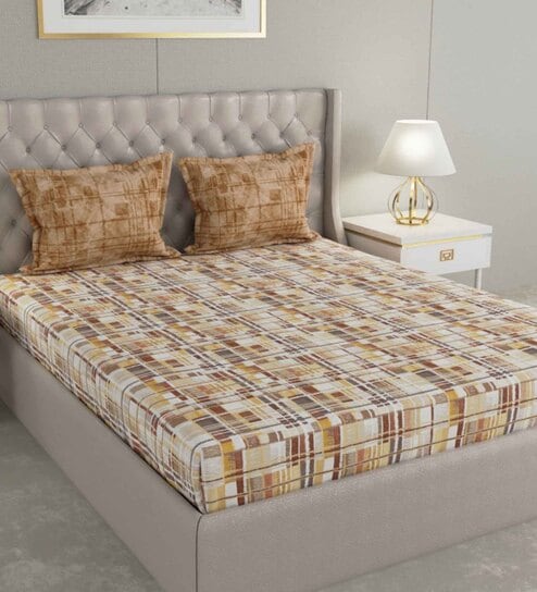Brown Abstract 144 TC Cotton Queen Sized Bed Sheets with 2 Pillow Covers by GM Fabrics