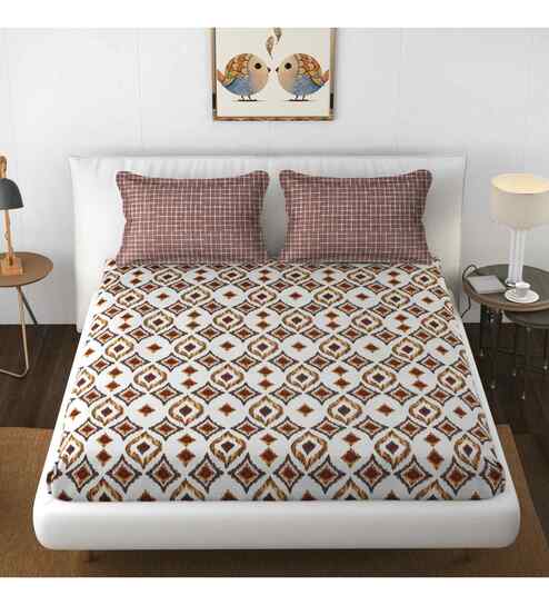 Brown Geometric 144 TC Microfiber King Sized Bedsheet Bedsheet 2 Pillow Heaven Collection