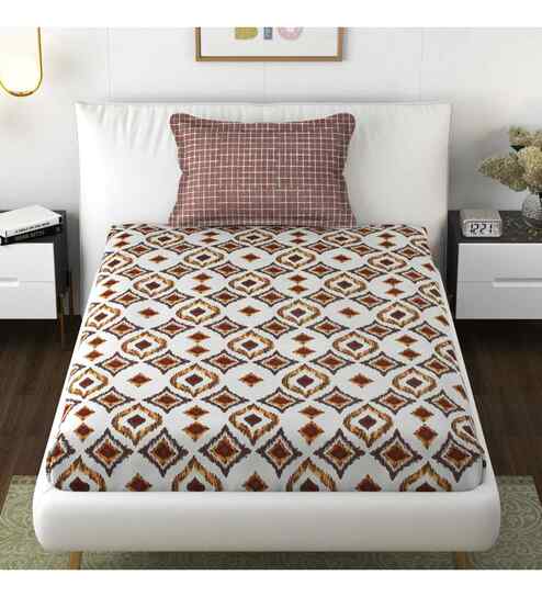Brown Geometric 144 TC Microfiber Single Bed Sheet Bedsheet 1 Pillow Heaven Collection