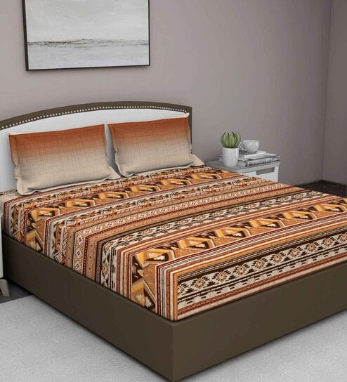 Brown Geometric 210 TC Cotton King Sized Bed Sheets with 2 Pillow Covers by GM Fabrics