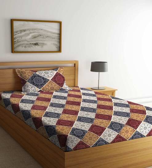 Brown Geometric 210 TC Cotton Single Bed Sheet With 1 Pillow Cover