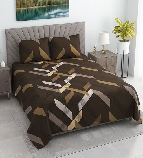 Brown Geometric 400 TC Cotton Double Queen Size Bedsheet With 2 Pillow Covers