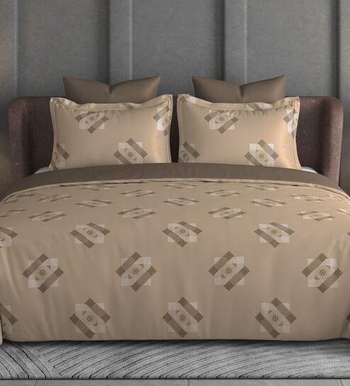 Brown Geometric 600TC Cotton Super King Sized Double Bedsheet with 2 Embroidery Pillow Covers