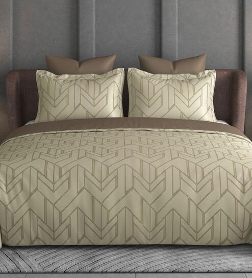 Brown Geometric 600TC Cotton Super King Sized Double Bedsheet with 2 Embroidery Pillow Covers