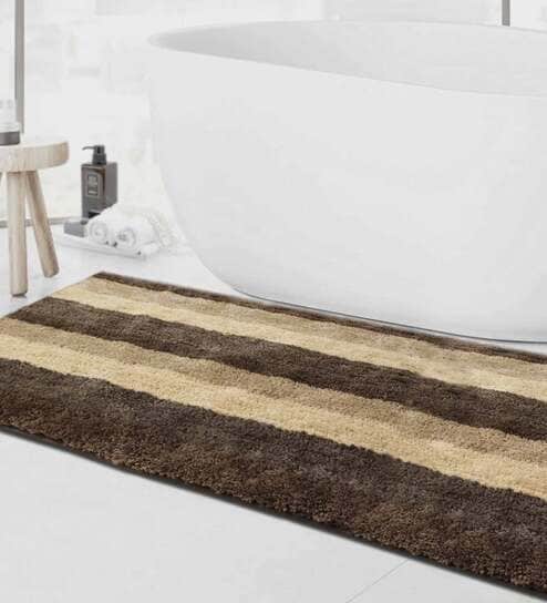 Brown Geometric Microfibre 36x24 Inches AntiSkid Bath Mat by Luxe Home International