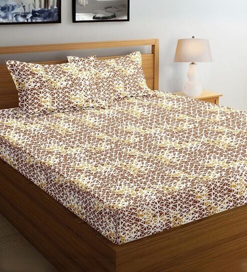 Brown Geometric Printed Fitted Bedsheet for 72 x 78 Inches Mattress with 6 Inch Depth