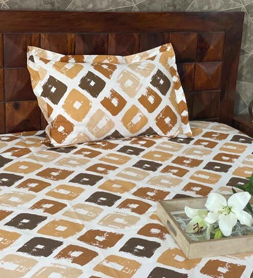Brown Geometric TC 190 100% Cotton Single Sized Bedsheet With 1 Pillow Cover by Bells & Whistles