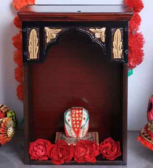 Brown Gold Sattva Teak Wooden Pooja Mandir