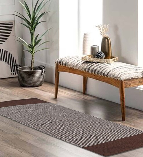Brown Handmade 100% Cotton Striped Bedside Runner