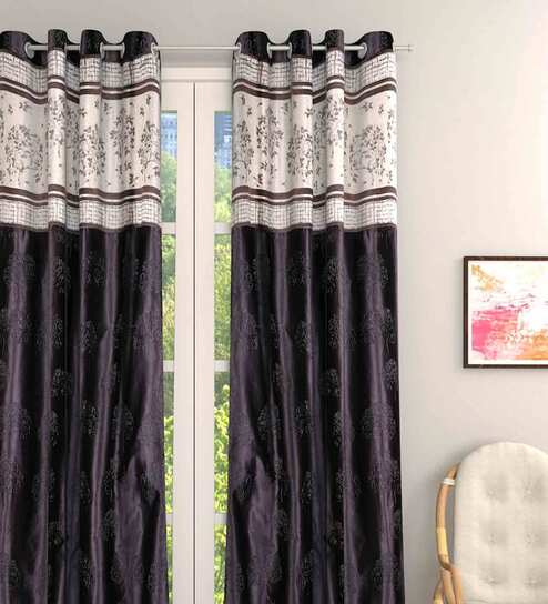 Brown Jacquard Floral 9FT Light Filtering Eyelet Long Door Curtains (Pack of 1)