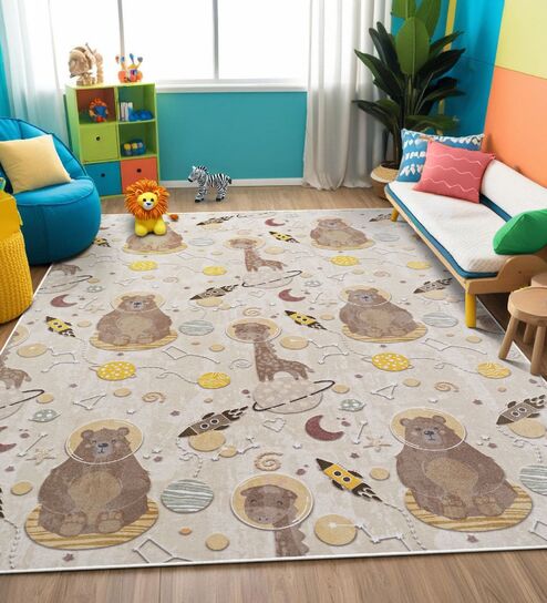 Brown Kids Polyester 6 ft x 9 ft Machine Made Carpet