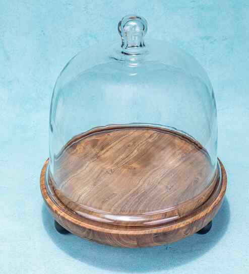 Brown Mango Wood  Cloche With Wooden Base
