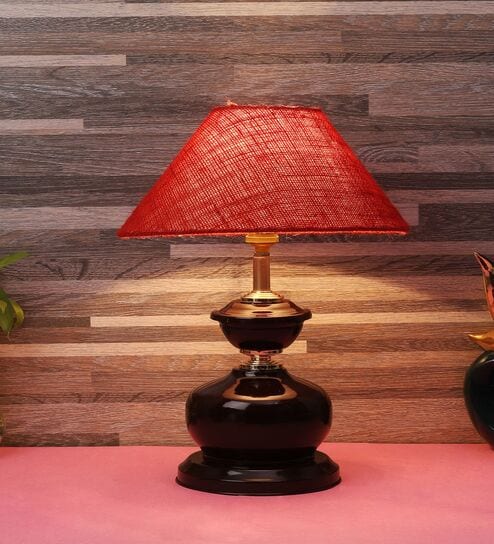 Brown Metal & Natural Fiber Red Colour Table Lamp