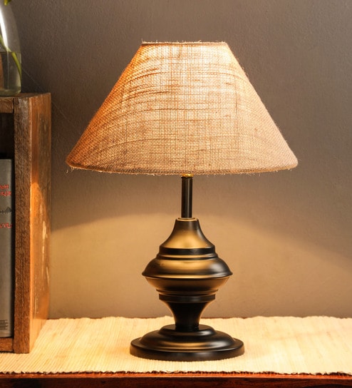 Euclid Brown Natural Fiber Shade Night Lamp With Metal Base By Foziq