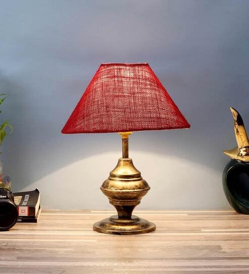 Brown Natural Fiber Shade Table Lamp With Antique Base By Foziq