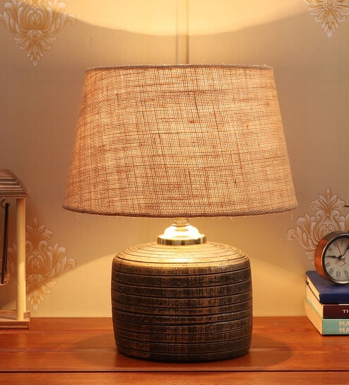Brown Natural Fiber Shade Table Lamp With Antique Terracotta Base by Foziq