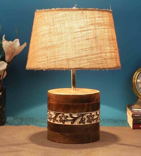 Brown Natural Fiber Shade Table Lamp With Brown & Off White Wood Base by Foziq