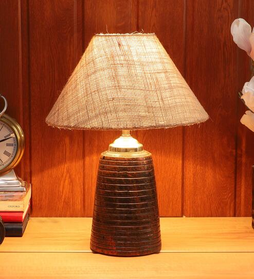 Brown Natural Fiber Shade Table Lamp With Brown Base by Foziq