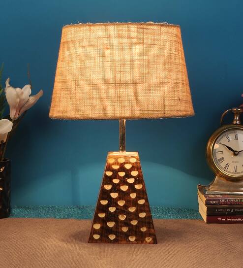 Brown Natural Fiber Shade Table Lamp With Brown Woodden Base